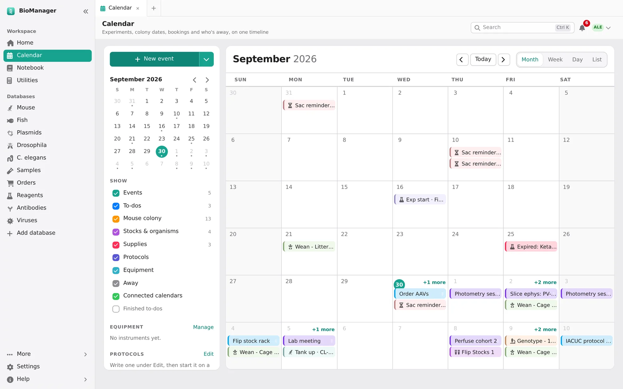 A month calendar with experiments, meetings, weaning and genotyping dates