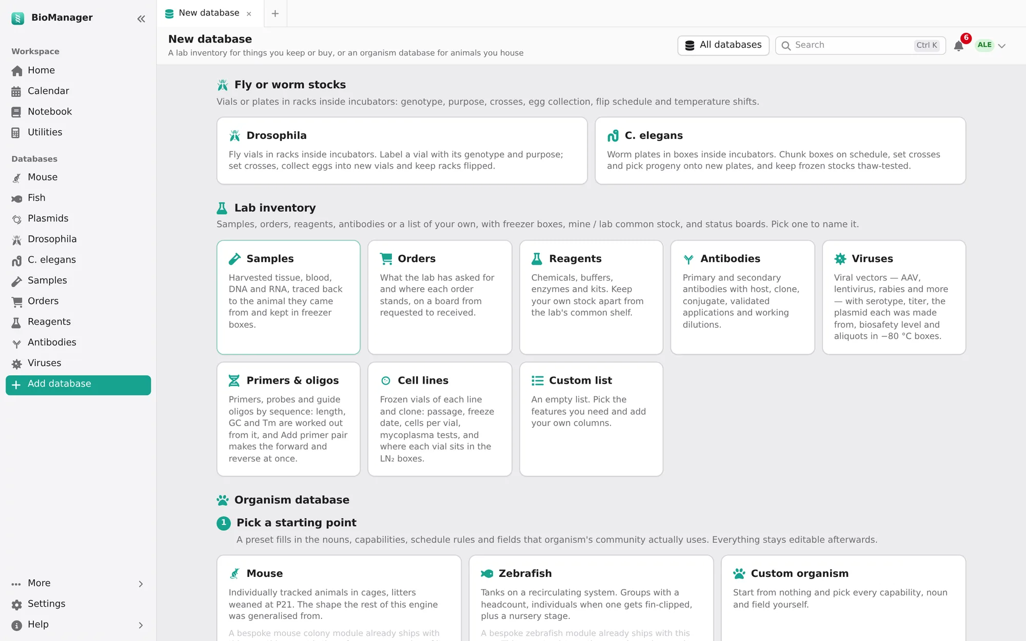 The Add database page with presets for flies, worms, inventories and organisms